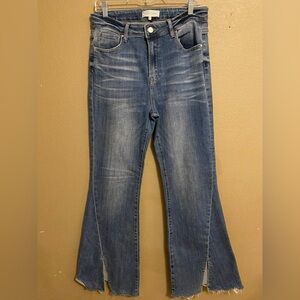 Risen High-Rise Bell Bottom Raw Hem Jeans Front Slits Women Size 13/31